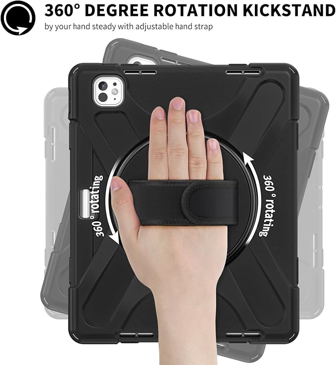 Batianda Case for iPad Pro 13-inch 2025 M5 2024 M4 Chip Heavy Duty Rugged Durability Silicone Tablet Cover with 360° Rotating Hand Strap Foldable Hidden Stand & Shoulder Strap, Black