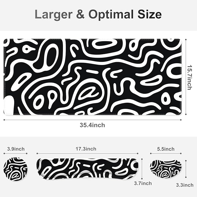 Large Gaming Mouse Pad Set, 4 in 1 Extended Keyboard Desk Mat with Wrist Rest, Computer Game Mousepad, Non-Slip Desk Pad Easy Typing Pain Relief for Home Office I Black White Topographic