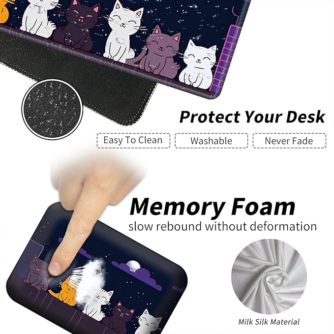 Wrist Elbow Support Arm Rest Desk Mouse Pad Set,Large Mouse Pad + 2 Elbow Rest Pad + Coaster,(31.5×11.8 in) Ergonomic Memory Foam for Office,Gaming,Computer,Laptop-Lovely Cats