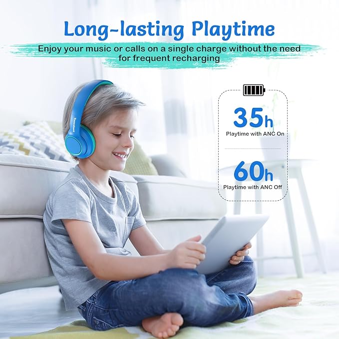 TONOSHARK Kids Bluetooth Headphones with Active Noise Cancelling, Wireless Over-Ear Headphones for Boys Girls, Foldable, Adjustable, 40H Playtime, Mic for School Travel(Blue)