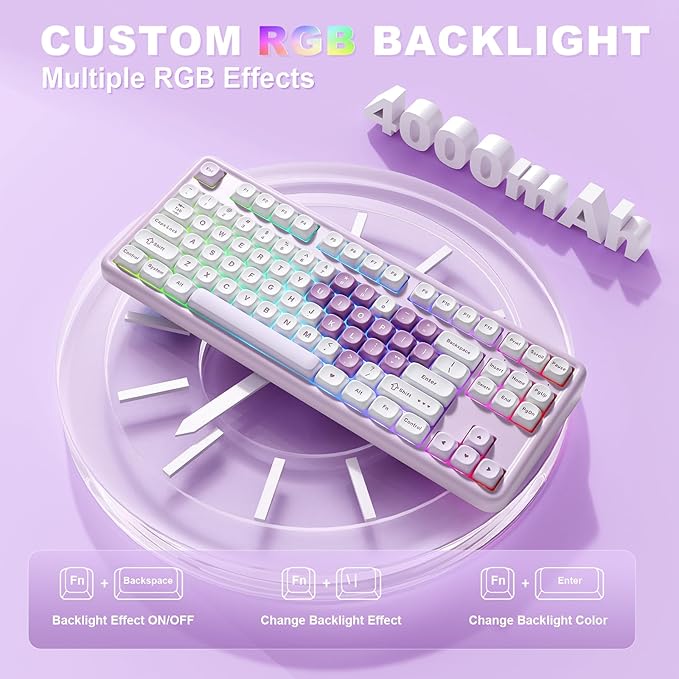 YUNZII B87 Wireless Mechanical Keyboard,QMK/VIA Programmable,TKL Layout 87 Keys,BT/2.4G/USB-C,Hot Swap Gasket Mount RGB Backlit Gaming with Wrist Rest for Win/Mac (Purple Heart, Milk V2)