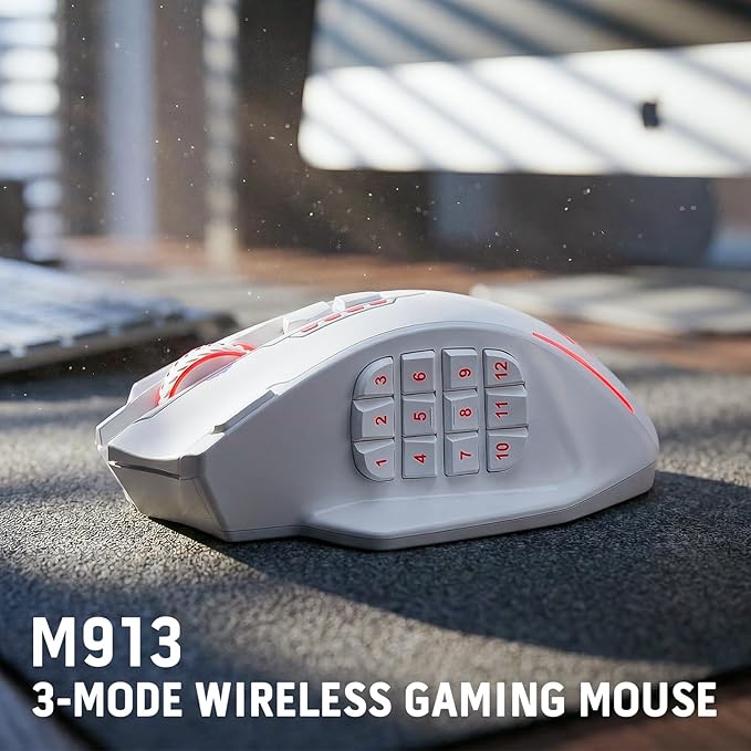Redragon M913 MAX Wireless Gaming Mouse, 26000 DPI MMO Optical Mouse with 16 Programmable Buttons, BT & 2.4G Wireless, Software Supports DIY Keybinds, White