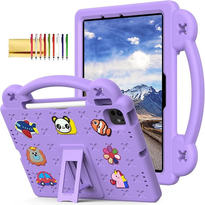 Dteck Case for iPad Air 5th/4th Gen 10.9" 2022/2020,iPad Pro 11" 4th/3rd/2nd/1st Gen,Cartoon Panda Shockproof Rugged Lightweight Convertible Handles Stand Kid Friendly Pencil Holder Case,Light Purple