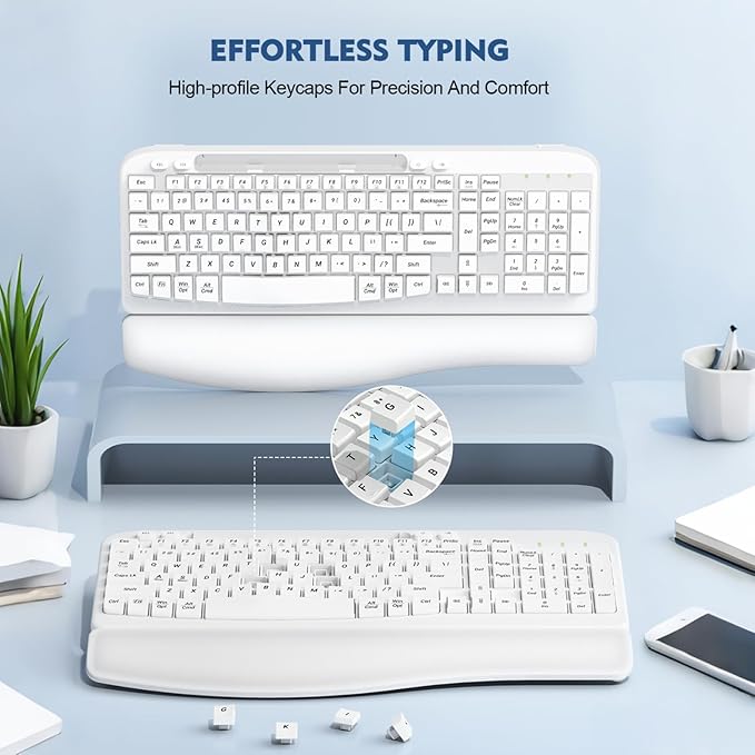 Ergonomic Wireless Keyboard with Cushioned Wrist Rest, Wave Keys, Phone Holder, Comfortable Natural Typing, 2.4GHz Full Size Cordless USB Computer Keyboard for Windows, Mac OS, Laptop, PC (White)