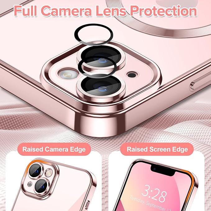Hython Magnetic Clear for iPhone 13 Case with Camera Lens Protector [Compatible with MagSafe] Luxury Plating Edge Slim Soft TPU Cover Protective Phone Case for iPhone 13 6.1", Pink