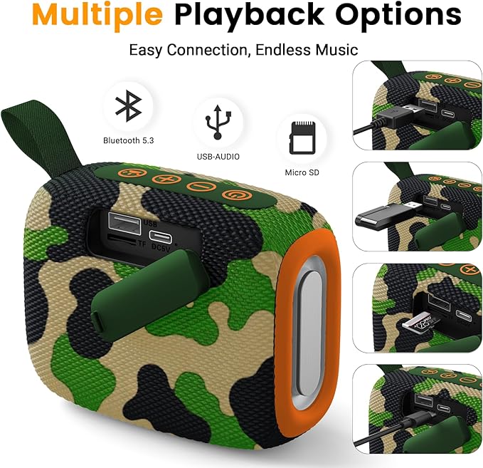 Portable Waterproof Bluetooth Speaker IPX5 for Outdoor,HD Sound All-Day Playtime, BT5.3,Wireless Speakers with Lights, Essentials for Beach/Party/Camping,Gifts for Men Women Boys Girls-Camoouflage