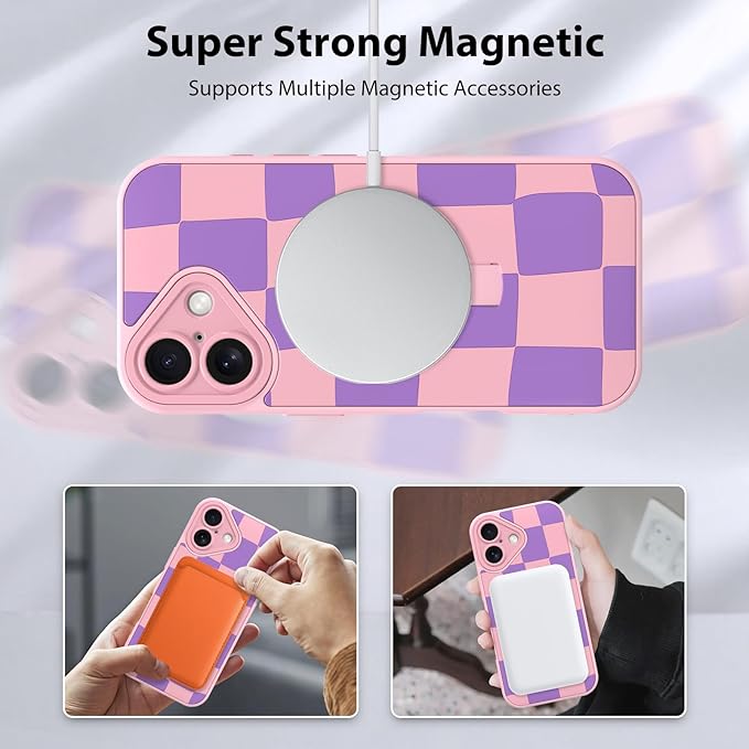 KANGHAR Compatible with iPhone 16 Case, Support for MagSafe, Silicone Checkered Cute Pattern, Wristband Kickstand Camera Protection Soft Slim Cover for Girls Women -Pink