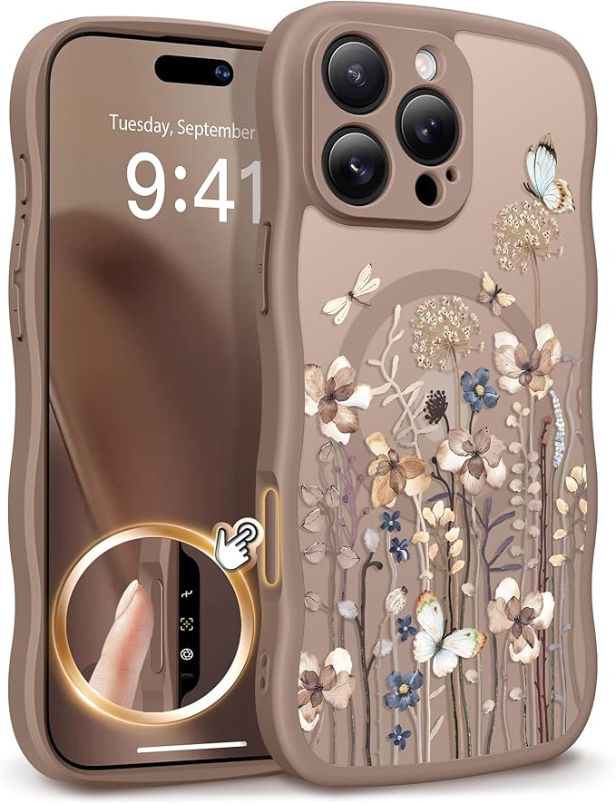 GVIEWIN for iPhone 16 Pro Max Case Compatible with MagSafe [Curly Wave Edge][Full Camera Protection] Floral Translucent Shockproof Magnetic Women Phone Case for 16 Pro Max, Autumnflit/Brow