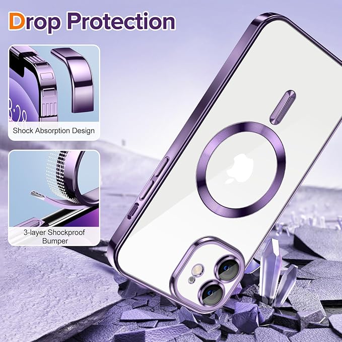 Hython Magnetic Clear for iPhone 12 Case with Camera Lens Protector [Compatible with MagSafe] Luxury Plating Edge Slim Soft TPU Cover Protective Phone Case for iPhone 12 6.1", Deep Purple