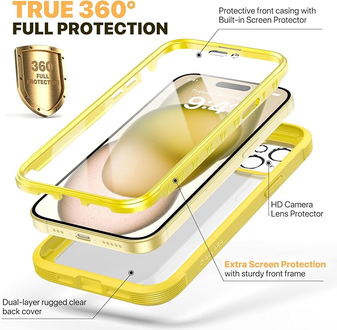 Diaclara Designed for iPhone 15 Plus Case 6.7'', Full-Body Clear Bumper Case with Built-in Screen Protector, 360 Protective Rugged Cover+Tempered Glass Camera Lens Protector,Yellow