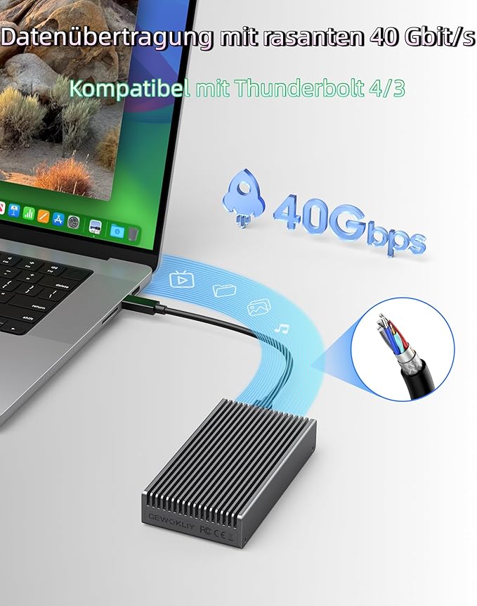 Fanless 40Gbps M.2 NVMe Enclosure, USB C Aluminum External SSD Enclosure Compatible Thunderbolt4/3 8TB SSD Adapter, PCIe Gen4 M.2 SSD Reader Fits 2280/2260/2242/2230mm M B+M Key