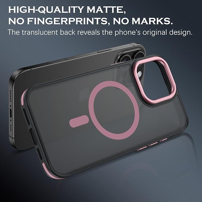 YINLAI Case for iPhone 16 Pro 6.3-Inch, iPhone 16 Pro Phone Case Magnetic [Compatible with Magsafe] Slim Translucent Matte Men Women Girls Shockproof Protective Back Cover, Black/Pink