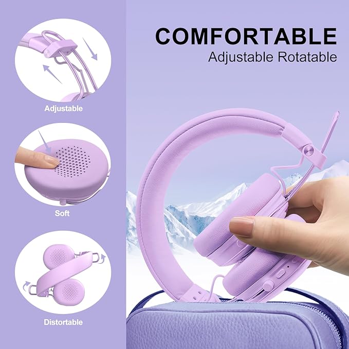 Wireless On-Ear Headphones, Active Noise Cancelling, Bluetooth 5.4, Hi-Res Sound, 55H Playtime, Lightweight and Comfortable, Foldable Design, for Home Office Travel, Purple