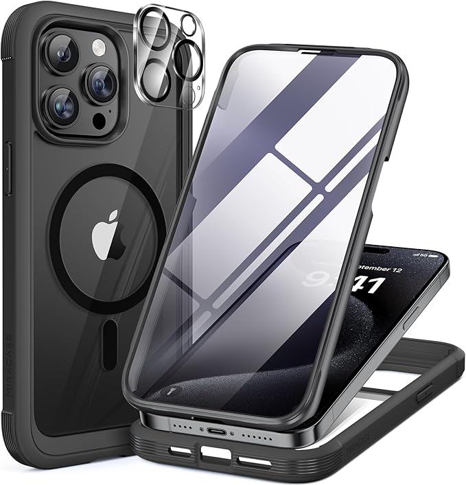 Miracase Magnetic for iPhone 15 Pro Case Full-Body Phone Case with Built-in Glass Screen Protector & Camera Protector, [Compatible with MagSafe] Military Drop Proof 15 Pro Cover Bumper 6.1 inch, Black