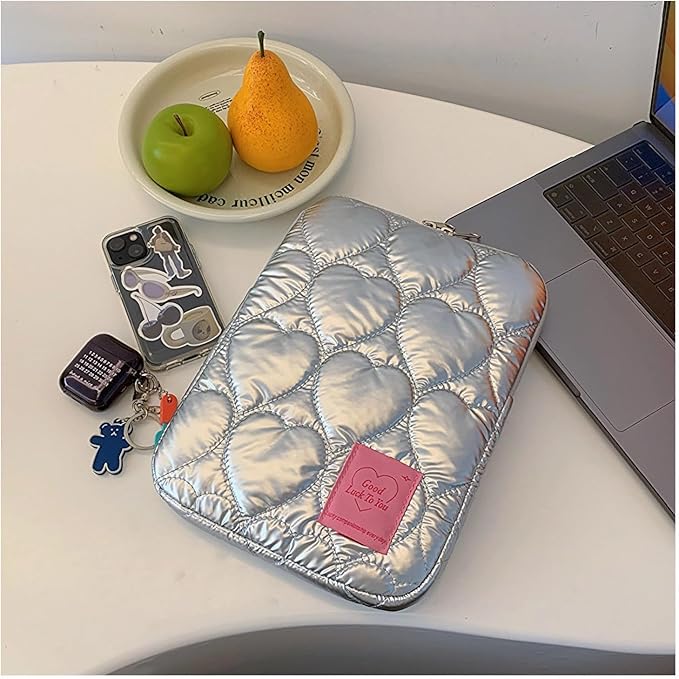 9-11 Inch Tablet Sleeve Case for iPad Pro 11 Air 4 10.2 Tab Protective Bag Cute Heart Quilted Puffy Laptop Pouch Carrying Case