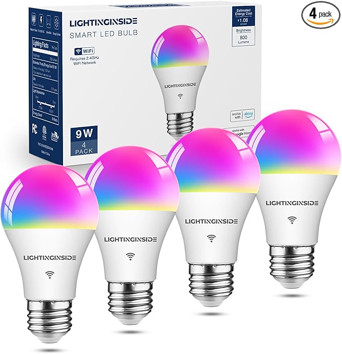 Lightinginside Smart Light Bulbs 60W Equivalent, WiFi Smart Bulb Compatible with Alexa/Google Assistant/Smart Life, A19 E26 RGBCW Color Changing, No Hub Required,2.4G WiFi, ETL Listed, 9W 800LM, 4PCS