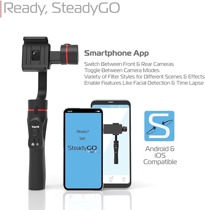 Tzumi SteadyGo Smartphone Stabilizing Gimbal – Motorized Rechargeable 3-Axis Handheld Gimbal for Smooth, Steady Digital Photography and Advanced Video Filming Techniques, Black (5643AMZ)