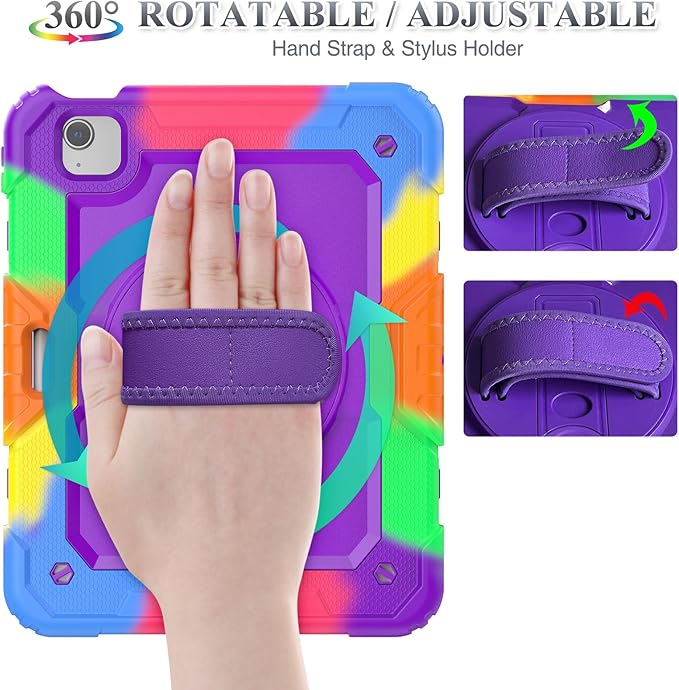 SEYMAC stock Case for iPad Mini 7 (A17 Pro)2024/ Mini 6 8.3'' with Screen Protector Pencil Holder [360 Rotating Hand Strap] &Stand, Drop-Proof Case for iPad Mini 7th/6th Generation 8.3"Purple+Colorful