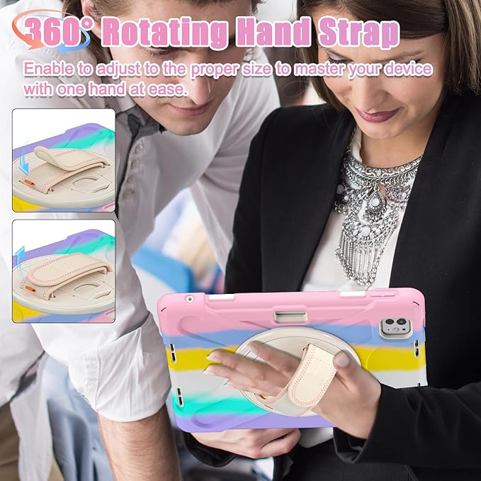 Batianda Case for New iPad Pro 11-inch 2025 M5 2024 M4 Chip Heavy Duty Rugged Durability Silicone Tablet Cover with 360° Rotating Hand Strap Foldable Hidden Stand & Shoulder Strap, Colorful Pink