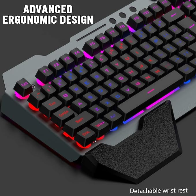 Wireless Gaming Keyboard and Mouse Combo,Rainbow LED Backlit Keyboard with Rechargeable 3800mAh Battery Metal Panel,Removable Wrist Rest Mechanical Feel and 7 Color Mute Gaming Mice for PC PS4 PS5