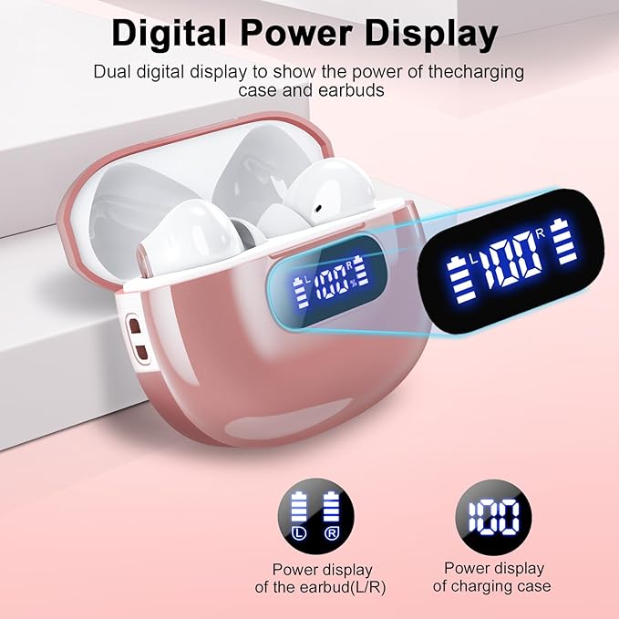 Wekily Wireless Earbuds, Bluetooth 5.3 Headphones LED Power Display, 2025 New Wireless Earphones, 4 ENC Noise Cancelling Mic, HiFi Stereo, 48H Playtime Mini Case IP7 Waterproof for iOS Android