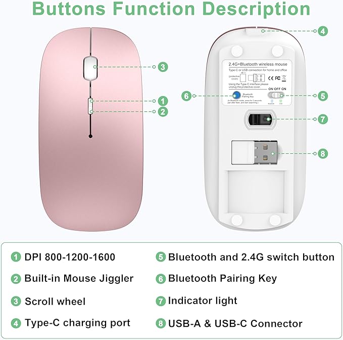 Wireless Mouse for MacBook Pro/Air, Bluetooth Rechargeable Mouse with USB-C, Slim Mouse Jiggler for iPad/iMac/Laptop/PC, 2.4G Dual Mode, Silent Click, Compatible Mac OS/Windows, Rose Gold