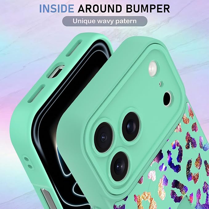 KANGHAR Compatible with iPhone 17 Pro Max Case, Support for MagSafe, Silicone Cute Iridescent Leopard Cheetah Pattern, Wristband Kickstand Shockproof Protective Slim Cover for Women Girls, Green