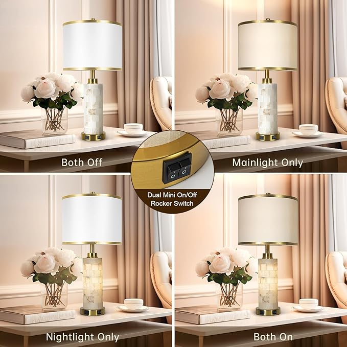 KIVDITZO 27" Alabaster Table Lamps Set of 2, Lamps for Living Room Bedroom,Bedside Lamps with Night Light,Nightstand Lamp with USB A+C Ports,Modern Table Lamp with Linen Shade (Bulbs Included)