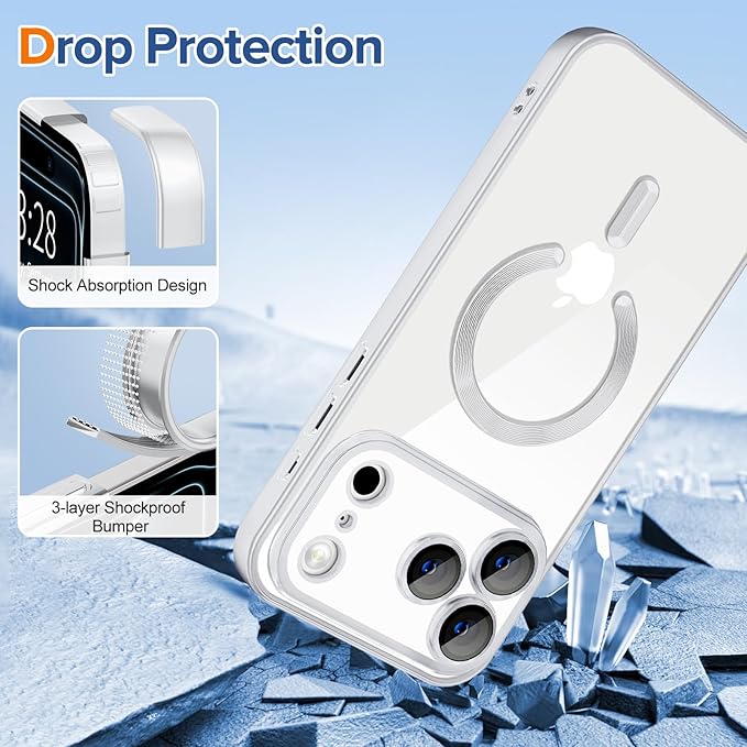 Hython Magnetic Clear for iPhone 17 Pro Case with Camera Lens Protector [Compatible with MagSafe] Luxury Plating Edge Slim Soft TPU Cover Protective Phone Case for iPhone 17 Pro 6.3", Matte Silver