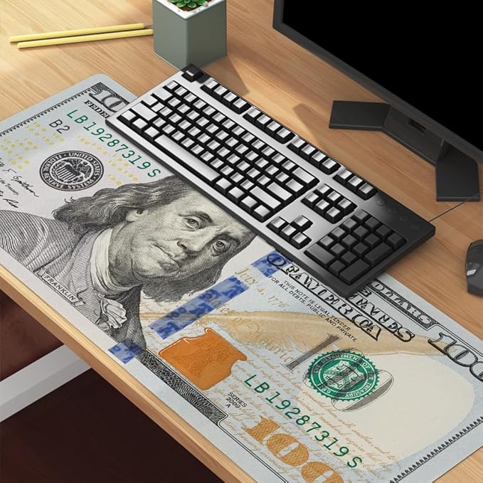 Funny US Dollar Currency Money Gaming Mouse Pad Hundreds of 100 Dollar Bills Non-Slip Rubber Mouse Pad for Computers, Laptop,Office, Home Rectangle Personalized Mousepad 31.5" x15.7"
