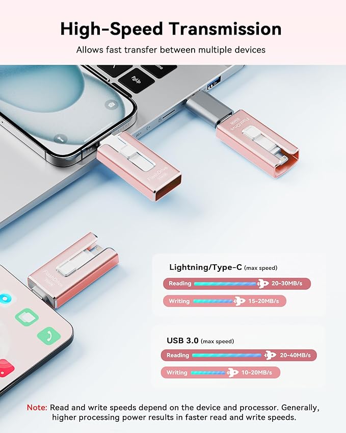 MFi Certified 256GB Flash Drive for iPhone, 3 in 1 Type-C USB Memory Stick Thumb Drive for Photos Videos, High Speed External Memory Storage Photo Stick for iPhone iPad Android PC (Rose Pink)