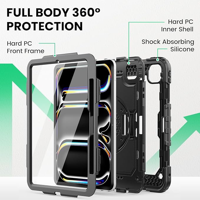 SEYMAC for iPad Pro 11 Inch Case M5 2025 / M4 2024, Heavy Duty Shockproof Protective Case with Screen Protector, 360° Rotating Stand, Hand/Shoulder Strap and Pen Holder, Black