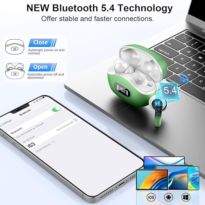 Wireless Earbuds, Bluetooth Headphones 5.4 HiFi Stereo, Ear Buds with 4 ENC Noise Cancelling Mics, 48H Bluetooth Earbuds with Dual LED Display, IP7 Waterproof in Ear Earphones for Android iOS, Green