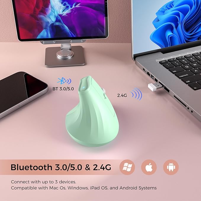 KYSONA 57° Ergonomic Wireless Tower Mouse, Vertical Quiet Ergo Mouse, Bluetooth(BT5.0,BT3.0)&2.4G, (800/1200/2400/2400/4000), 5 Buttons for Windows, macOS, iPadOS, Laptop, PC (Green)