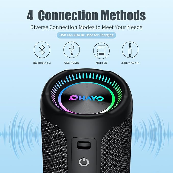 Bluetooth Speaker Wireless Loud Stereo Sound IPX7 Waterproof Outdoor Portable 25W Super Bass Speakers for Home Party Beach with 24H Playtime Colorful Lights BT 5.3 TWS Pairing Birthday Gift Black