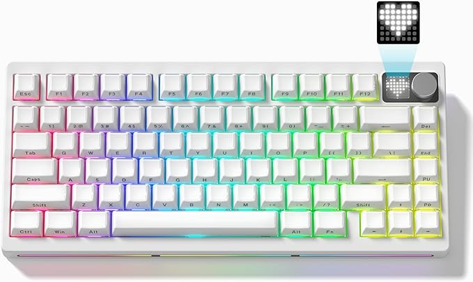 Womier 75% Wireless Mechanical Gaming Keyboard with Knob & Dot-matrix Display Bluetooth5.0/2.4GHz/USB C Thocky Creamy Keyboard for PC Computer, 8000mAh Battery Jelly key board for Win/Mac (MT75-White)