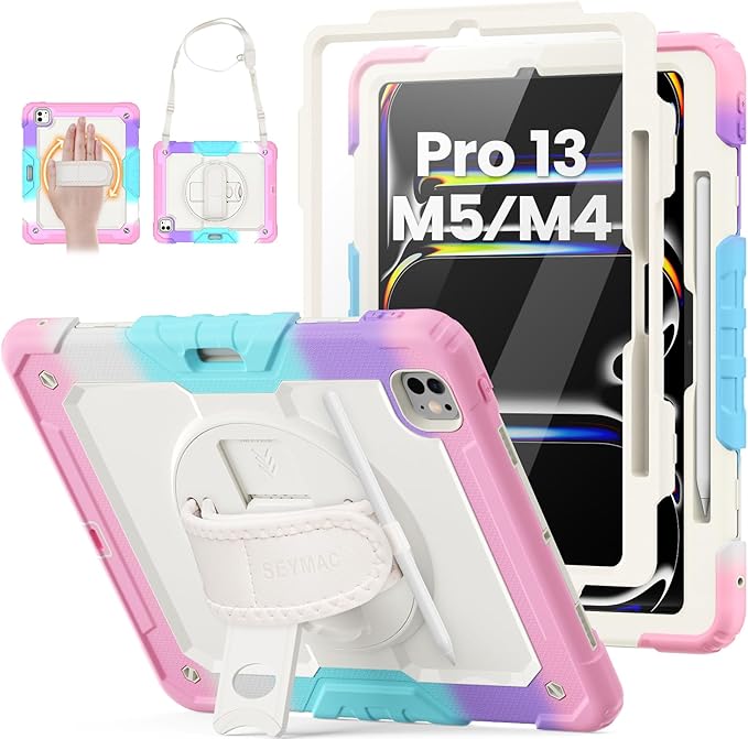 HXCASEAC for iPad Pro 13 Inch Case (M5/M4) 2025/2024, Shockproof Design with Pencil Holder, Protector, Rotating Stand, Hand Strap, Heavy Duty Protective iPad Pro13 Cover A3360 A2925, Rainbow Pink