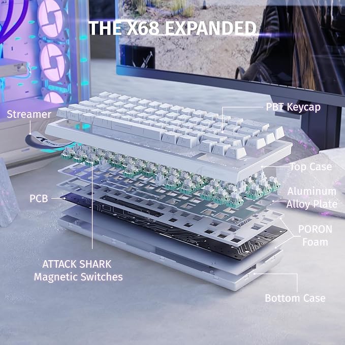 ATTACK SHARK X68 HE Rapid Trigger Mechanical Gaming Keyboard 60% Wired with Adjustable Actuation,Hall Effect Magnetic Switch,8KHz Polling Rate,RGB Backlit,Top Mount,Side Printed Keycap(White Contour)