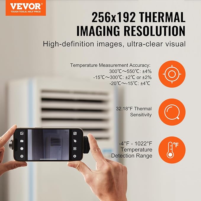 VEVOR Thermal Imaging Camera for Android & iOS, 256 x 192 IR Resolution Wireless Infrared Thermal Imager with WiFi & Visual Camera, 25Hz Refresh Rate Thermal Camera for Smartphone, -4°F-1022°F, IP54
