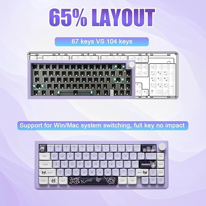 BOYI GMK67 65% Hot-Swappable Mechanical Keyboard Kit,Bluetooth 5.0/2.4G/Type-C Tri-Mode,RGB Backlit,Gasket Mount,DIY Custom Kit with Knob&EVA Mat(Purple)
