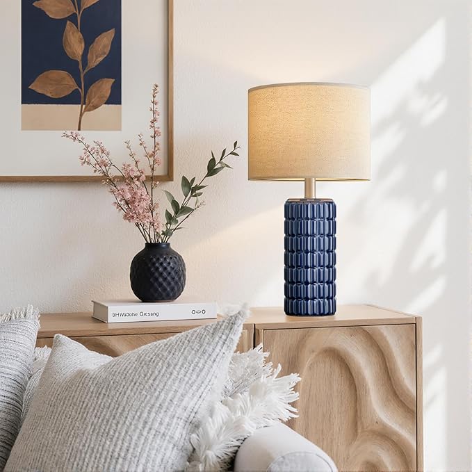 23" Modern Ceramic Table Lamps Set of 2 - Table Lamps for Living room, Farmhouse Bedside Night Stands Lamp for Bedroom, White Boho Nightstand Lamps Set of 2, Desk Lamp for End Table Home Decor(Blue)