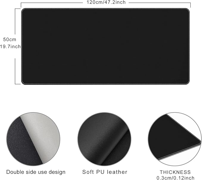 Chihein 47" x 20" 3XL PU Leather Desk Mat (Black/Gray), Dual Sided Desk Pad, Waterproof Computer Desk Bottle for Gaming, Office, Home