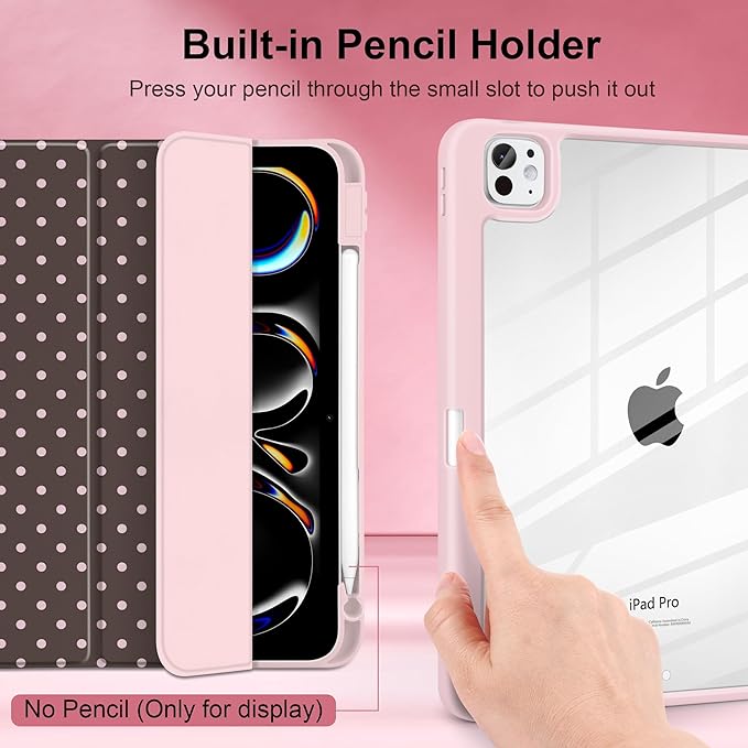 TWOLSKOO Case for iPad Pro 11-inch (M5 2025 / M4 2024), Clear Acrylic Back with TPU Bumper, Pencil Holder, Trifold Stand, Auto Sleep/Wake, Chocolate Polka Dot