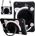 Dteck for iPad Pro 11 Case 2022/2021/2020/2018,iPad Air 5/4 Case,Cute Cartoon 3D Unique Rotating Handle Stand Shoulder Strap Soft Silicone Funda Rugged Shockproof Protective Kid-Proof Case,Black Cat