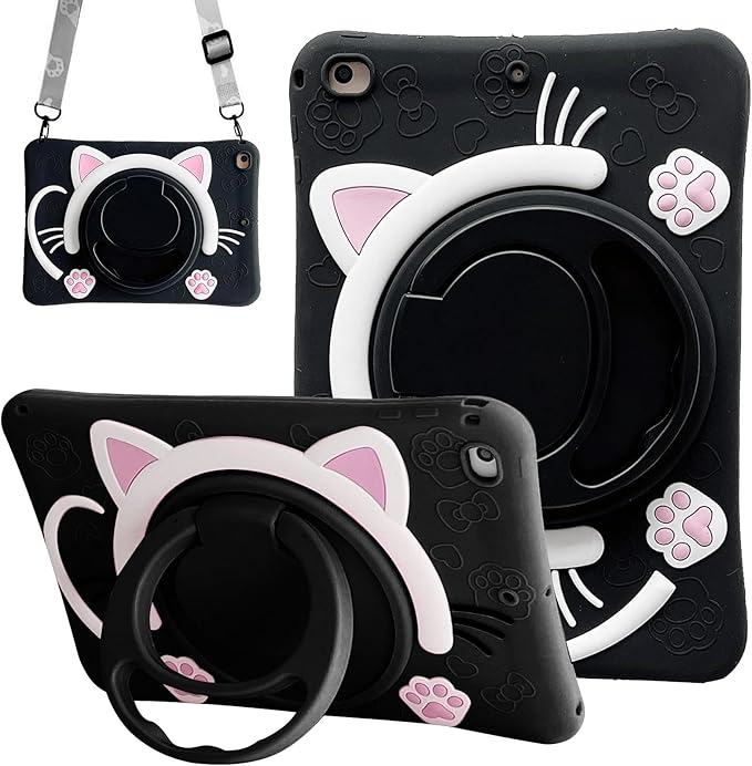 Dteck for iPad 9th/8th/7th Generation Case 10.2",Cute Cartoon Funda 3D Unique Design Light Rotating Handle Stand Shoulder Strap Soft Silicone Drop Rugged Shockproof Protective Kid-Proof Case,Black Cat