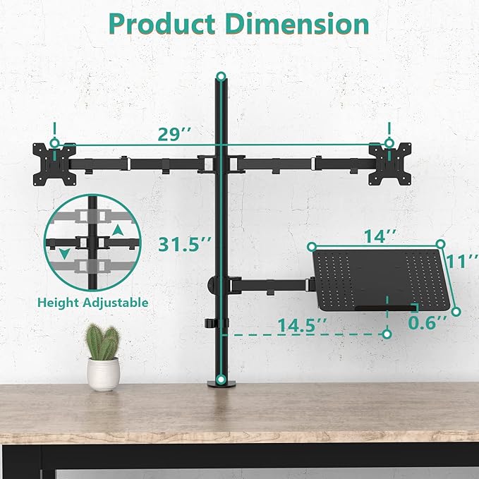 WALI Triple Arm Laptop and Dual Monitor Desk Mount for 17" Notebook and Up to 27" Screens, Extra Tall Adjustable Monitor Stand with Laptop Tray, VESA 75x75 100x100, Black (M002XLLP)