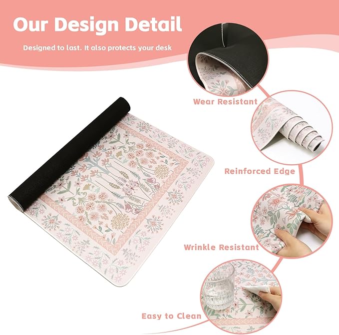 Baziabbo Pink Floral Desk Mat,XXL Extended Big Mouse Pad,Gaming Mousepad with Stitched Edge,Non-Slip Rubber Base Keyboard Desk Pad for Home Office Study Game