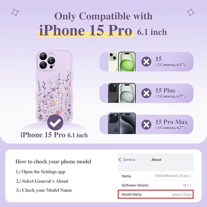 GVIEWIN for iPhone 15 Pro Case Compatible with MagSafe [Curly Wave Edge][Full Camera Protection] Floral Translucent Shockproof Magnetic Women Phone Case for iPhone 15 Pro 6.1'', Floratopia/Purple