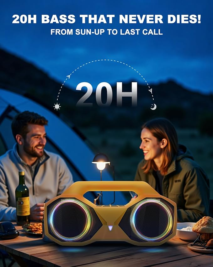 OZJ Bluetooth Speaker 80W(Peak) Loud with Bass, 20H Playtime, IPX7 Waterproof, RGB Lights, TWS, Large Portable Wireless Speakers for Outdoor, Home, Party, Pool, Beach, Tailgating, Gym, Work (Orange)