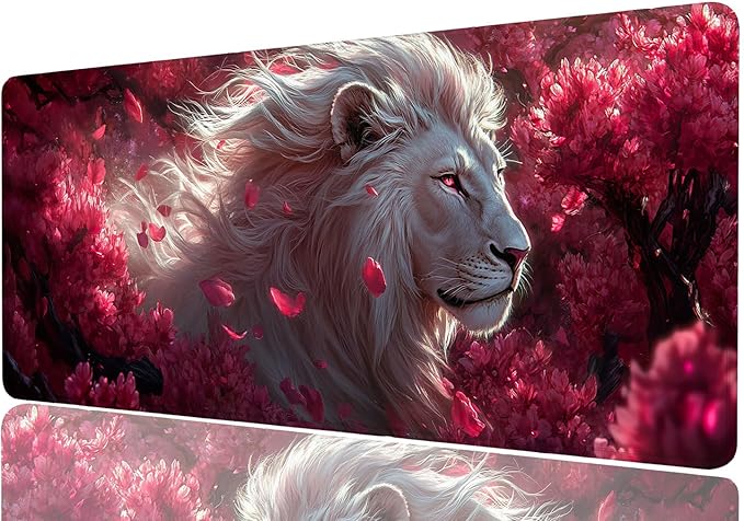 Wildlife Extended Mouse Pad Lion Pink Flower XL Mouse Pad Large Mousepad Extended Laptop Keyboard Mat Gaming Desk Pad Mouse Mat for Office Desktops, Home Workstations, and Laptops 31.5x11.8 Inch